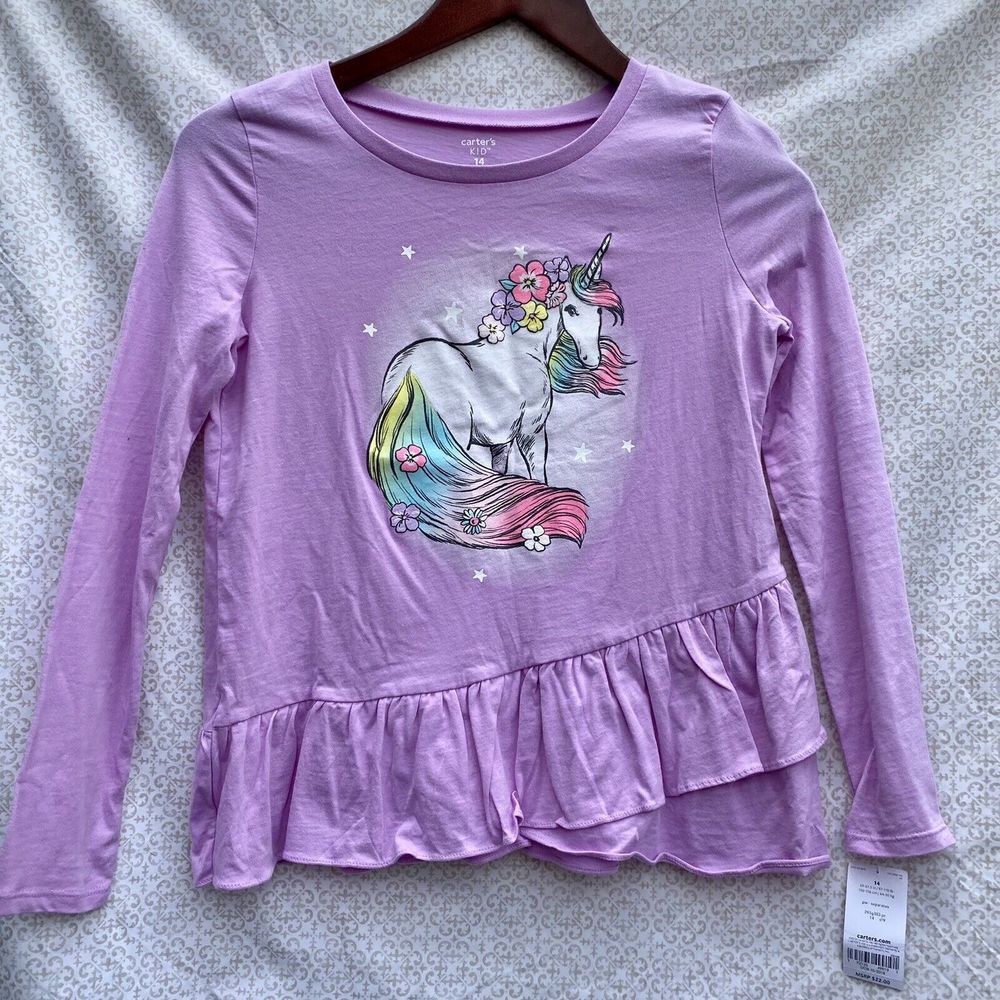 Carter’s Unicorn Ruffle Long Sleeve 100% Cotton Purple Girls size 14 NWT
